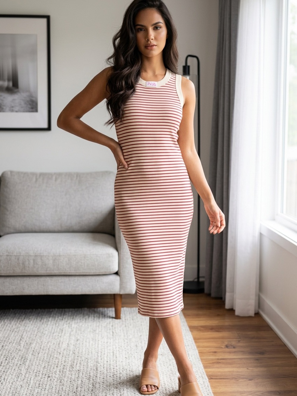 Pink Lily Pink & White Striped Ribbed Tank Midi Dress